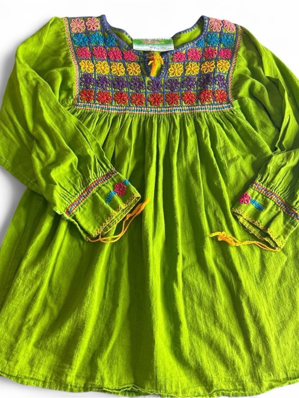 Nativa Vibrant Green Embroidered Peasant Blouse with Multicolor Yoke Boho Folk